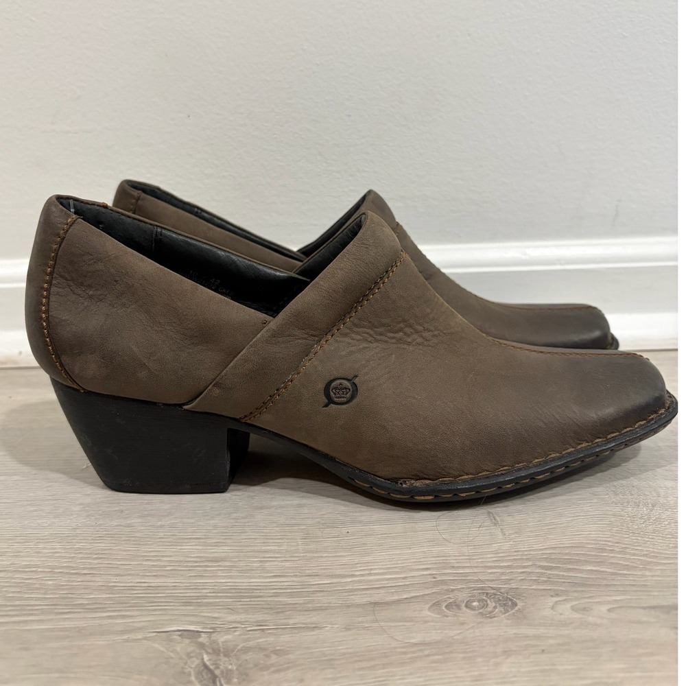 Born Brown Leather Heeled Loafers Square Toe Block Heel Shooties Womens 10